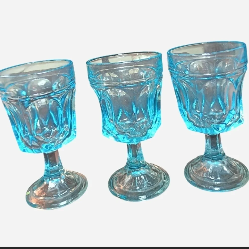 3 Vintage 70s Anchor Hocking Sky Blue Colored Goblets In The Fairfield Pattern